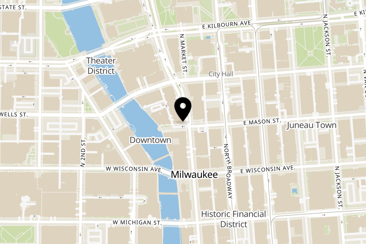 Map showing the location of Mediterranean Cuisine on 753 N Water St in Milwaukee